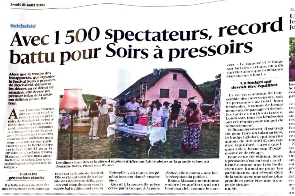 Les insups les insupportés compagnie des insupportés soirs à pressoirs soirs après soirs SAP SAP25 2025 théâtre festival Reichsfeld ACGE Agence culturelle Grand Est À la place d'Alice Lucie Borès Mélisende Marchand Camille Kerbaol Emma Massaux Geoffrey Goudeau Robinson Courtois DNA Dernières Nouvelles d'Alsace Balade Poétique