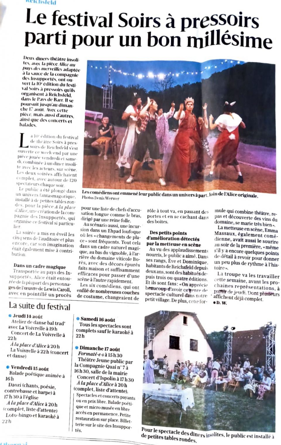 Les insups les insupportés compagnie des insupportés soirs à pressoirs soirs après soirs SAP SAP25 2025 théâtre festival Reichsfeld ACGE Agence culturelle Grand Est À la place d'Alice Lucie Borès Mélisende Marchand Camille Kerbaol Emma Massaux Geoffrey Goudeau Robinson Courtois DNA Dernières Nouvelles d'Alsace Balade Poétique